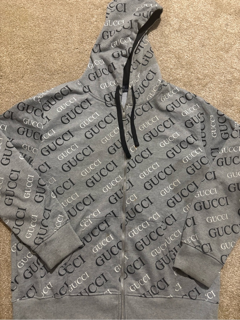 Gucci Gray Logo-Print Zip Hoodie with Black Drawstrings